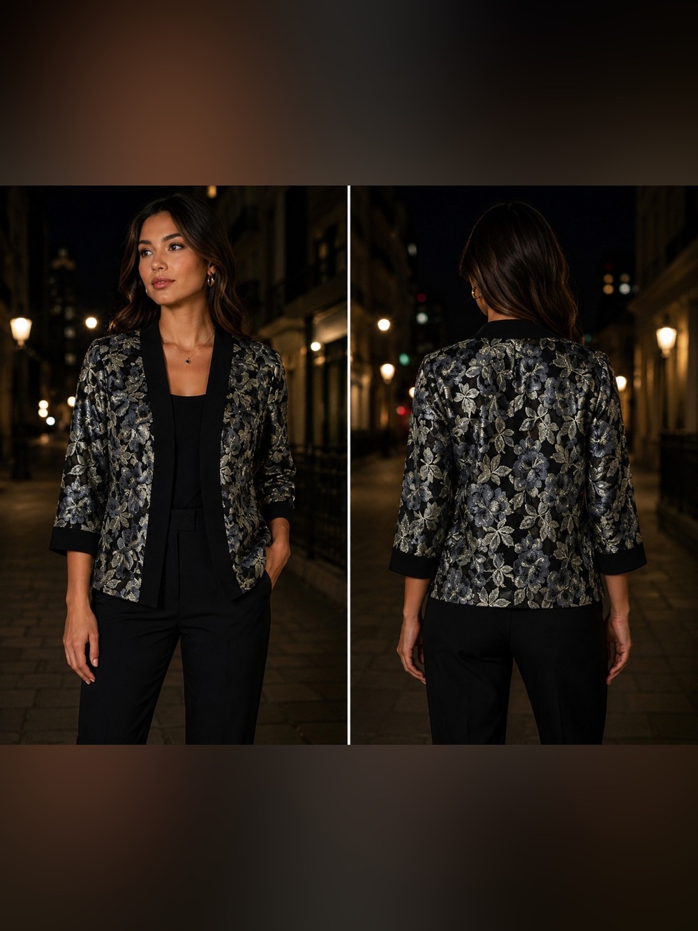 Alex Dark Floral Cardigan Metallic Open Front Jacket Size Small EUC